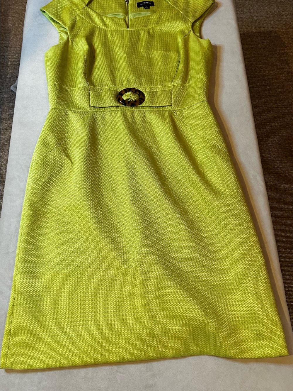 Tahari Lime Green Cap-Sleeve Sheath Dress with Decorative Buckle